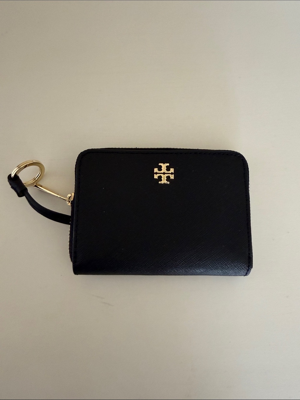 Tory Burch Black Saffiano Zip Card Case with Gold Logo and Key Ring